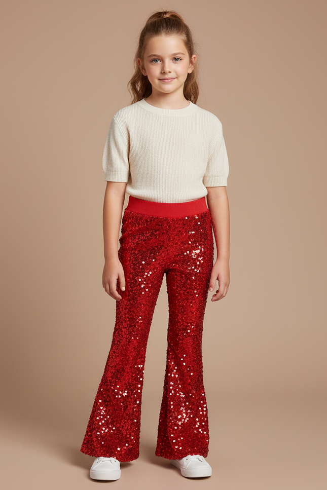 Pantalon Fluide Rouge Paillettes Évasé Confortable Brillant - Polyester