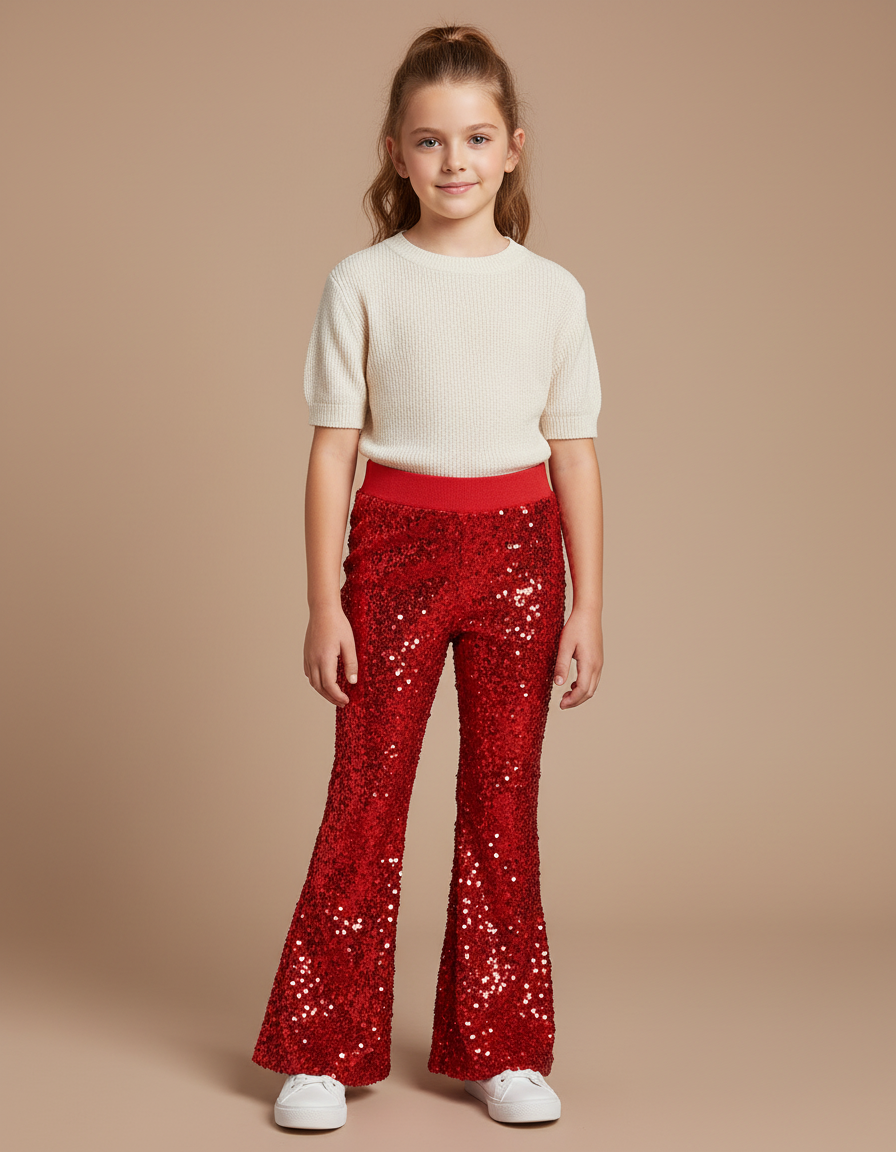 Pantalon Fluide Rouge Paillettes Évasé Confortable Brillant - Polyester