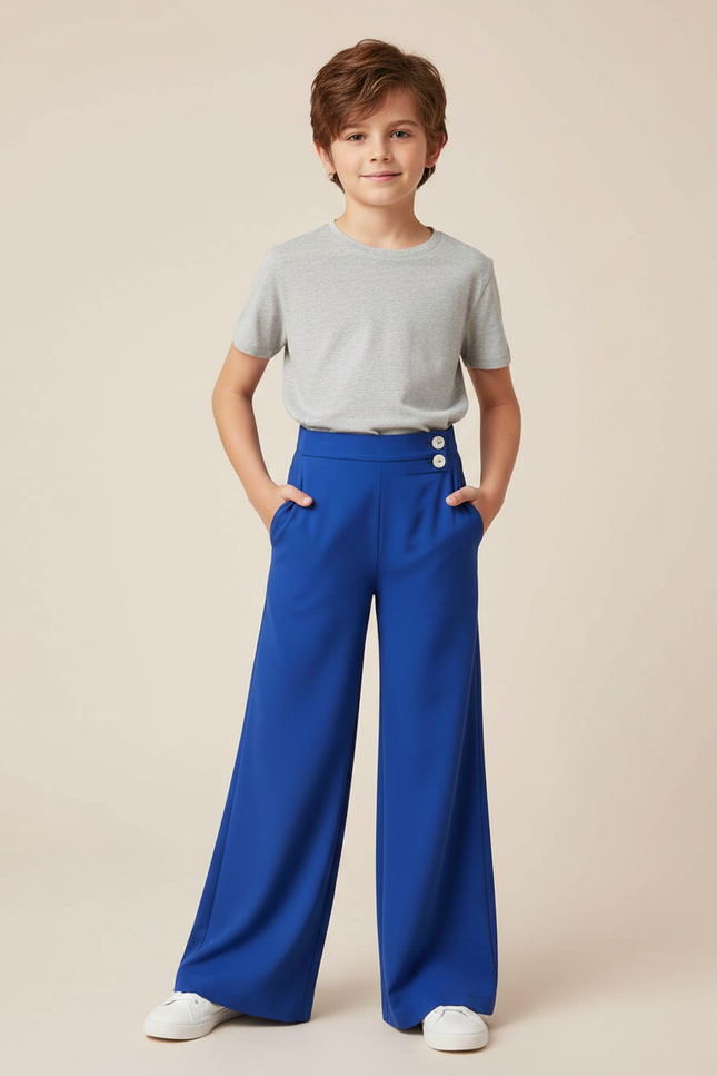 Pantalon Fluide Bleu Royal Ample Taille Haute Boutons - Polyester