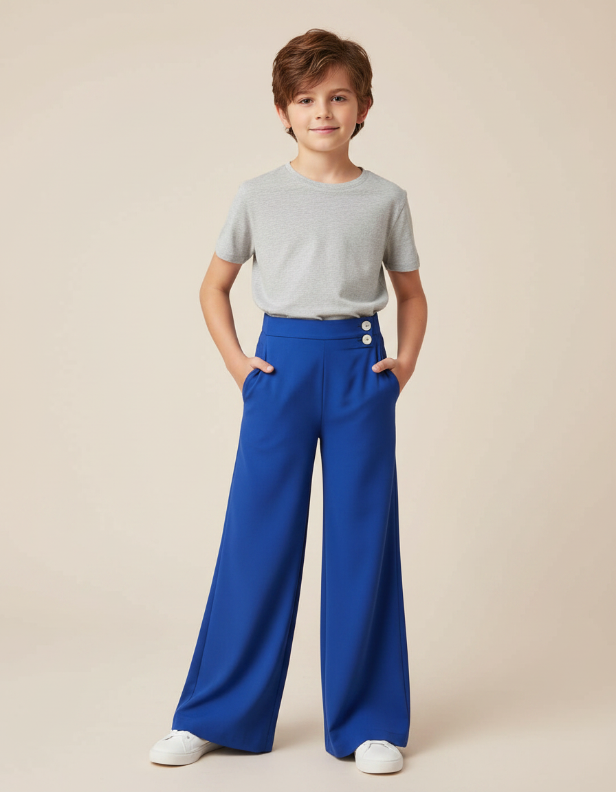 Pantalon Fluide Bleu Royal Ample Taille Haute Boutons - Polyester