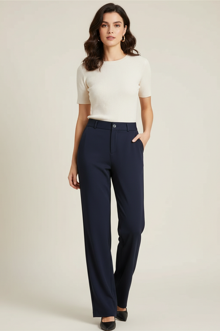 Pantalon Fluide Droit Bleu Marine Élégant Boutonné - Polyester