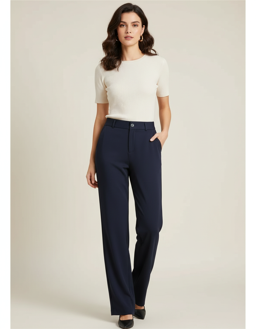 Pantalon Fluide Droit Bleu Marine Élégant Boutonné - Polyester