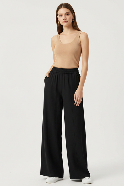 Pantalon Fluide Noir Ample Taille Élastique Femme - Viscose
