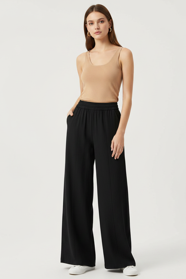 Pantalon Fluide Noir Ample Taille Élastique Femme - Viscose