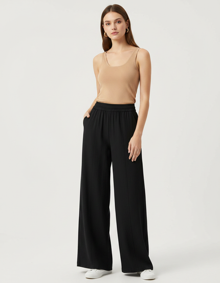 Pantalon Fluide Noir Ample Taille Élastique Femme - Viscose