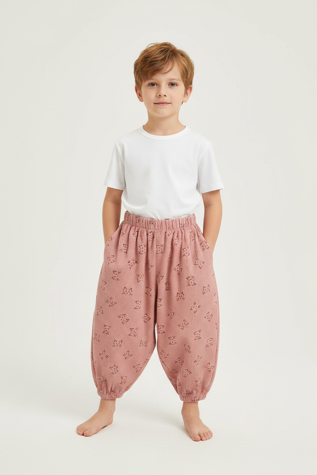 Pantalon Fluide Rose Côtelé Ample Imprimé Lapins - Cordé