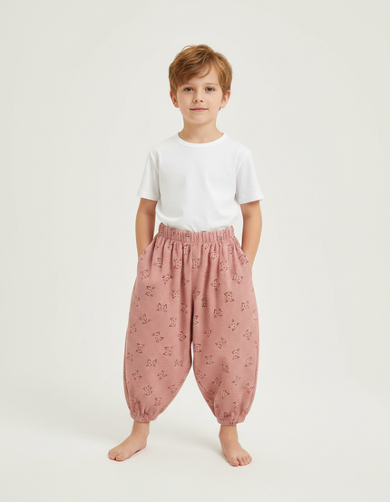 Pantalon Fluide Rose Côtelé Ample Imprimé Lapins - Cordé