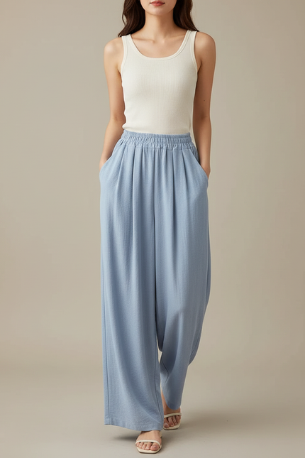 Pantalon Fluide Bleu Ciel Ample Plissé Décontracté Léger - Lin