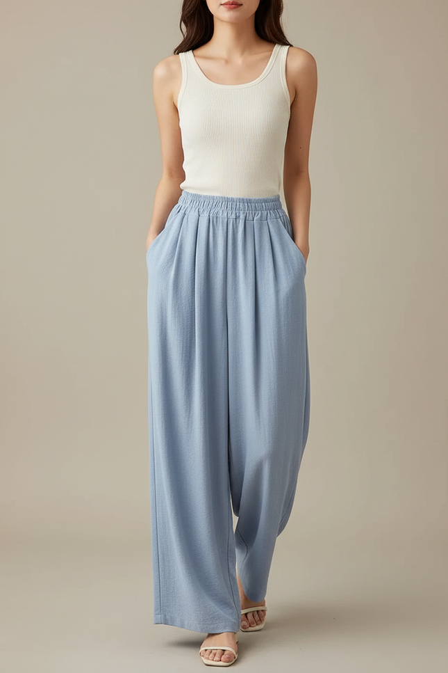 Pantalon Fluide Bleu Ciel Ample Plissé Décontracté Léger - Lin