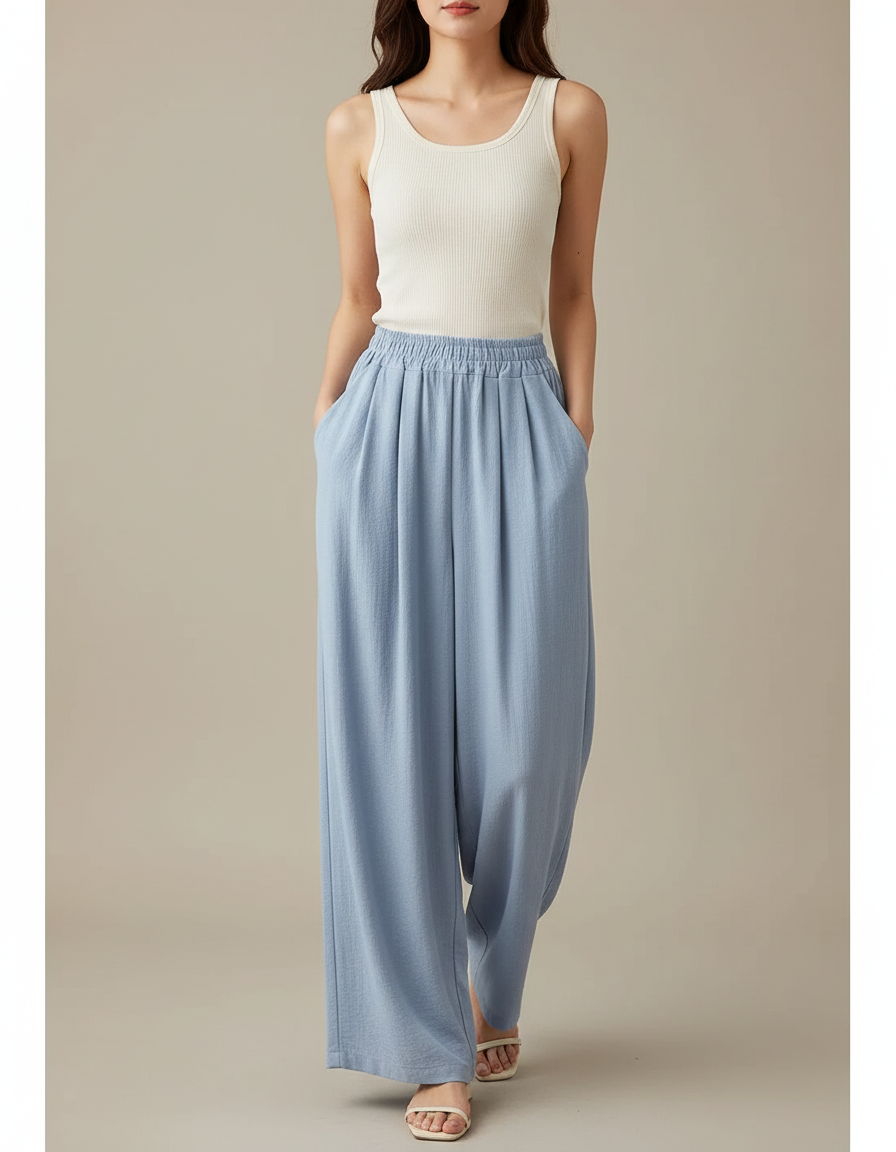 Pantalon Fluide Bleu Ciel Ample Plissé Décontracté Léger - Lin