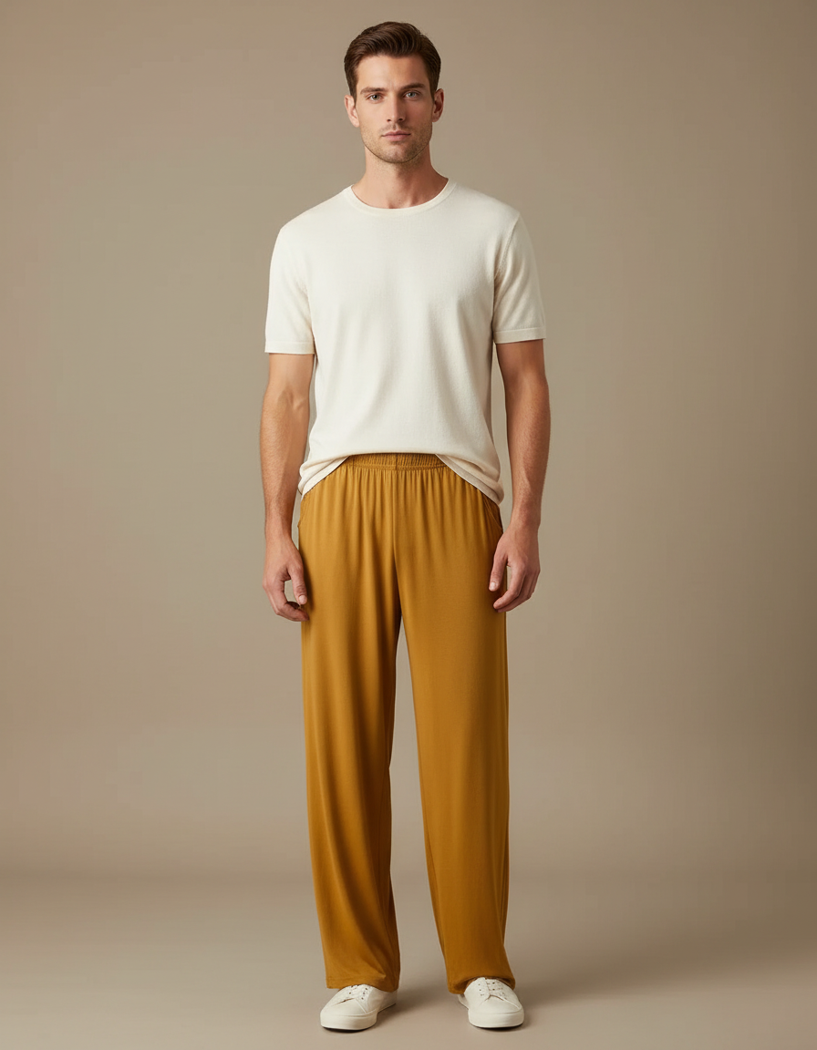 Pantalon Fluide Ocre Ample Décontracté Homme - Orange Viscose