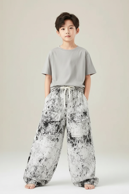 Pantalon Fluide Ample Noir Blanc Éclaboussures Décontracté - Imprimé Molleton