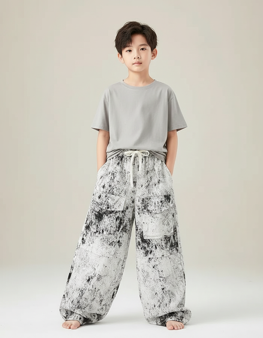 Pantalon Fluide Ample Noir Blanc Éclaboussures Décontracté - Imprimé Molleton