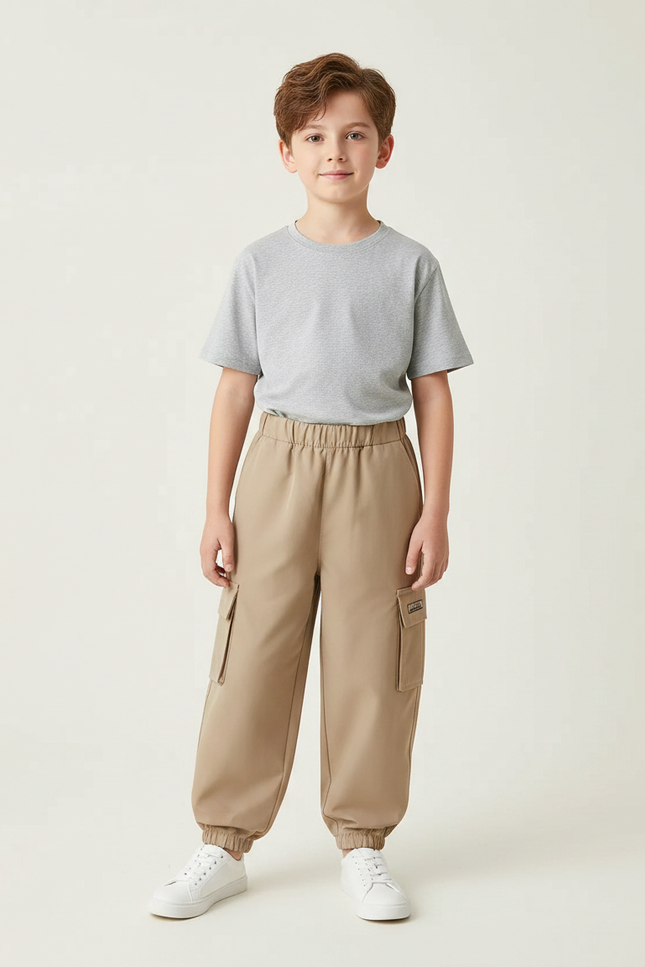 Pantalon Fluide Cargo Beige Ample Sport Enfant Garçon - Polyester