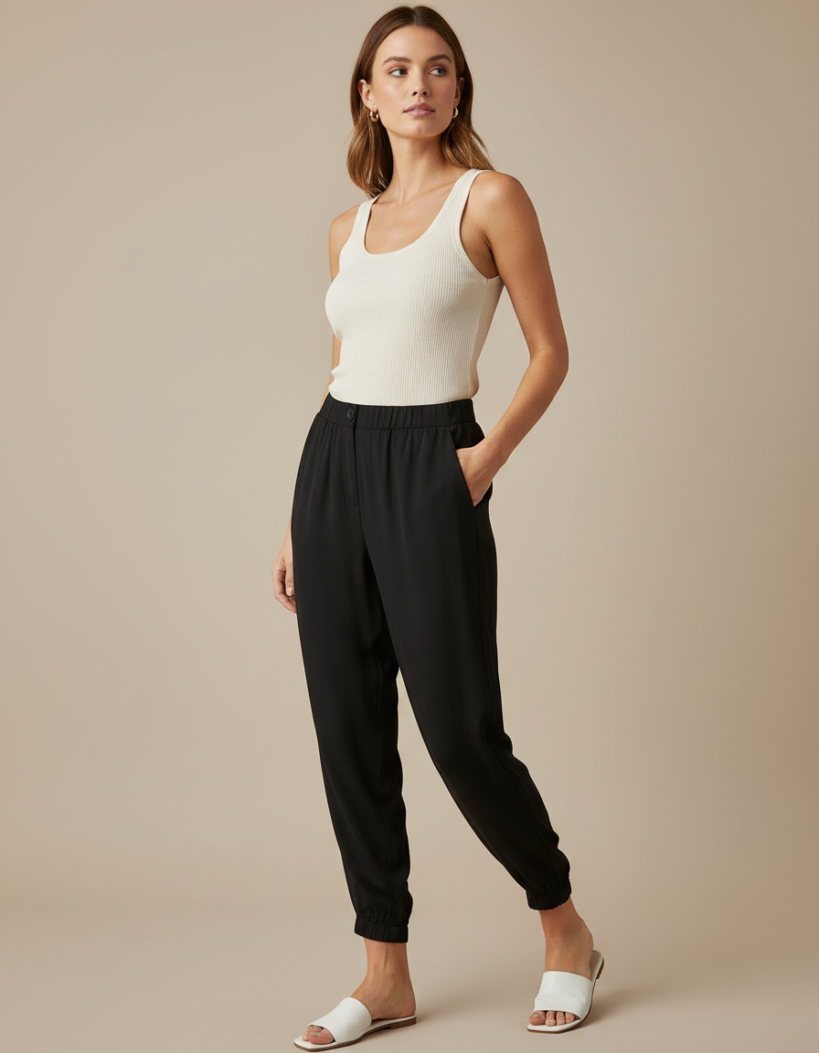 Pantalon Fluide Noir Ample Taille Élastique Cheville - Viscose