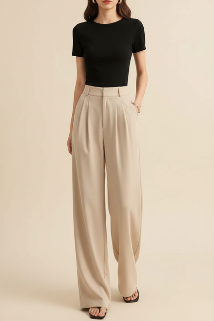 Pantalon Fluide Beige Large Plissé Élégant Droit - Polyester