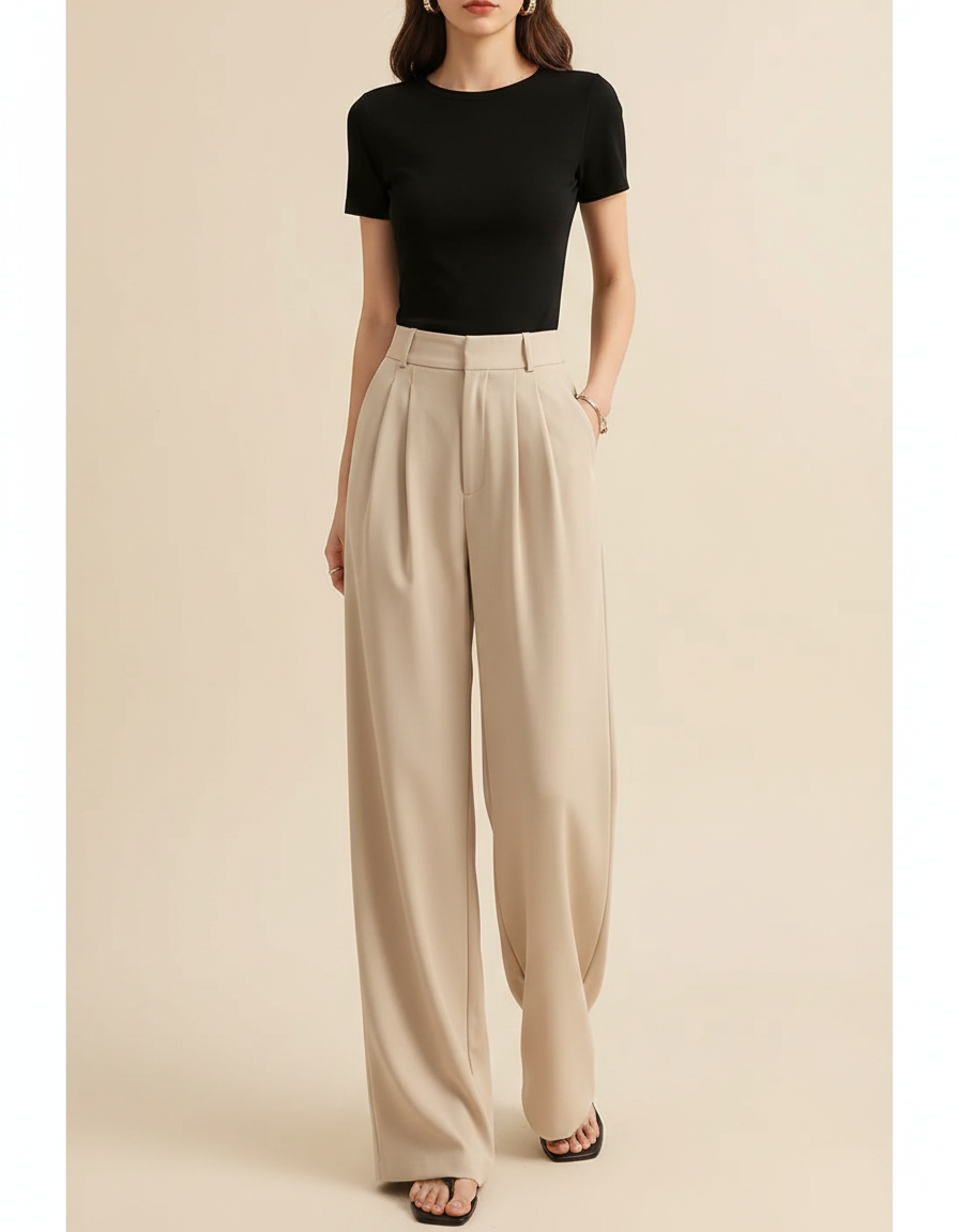 Pantalon Fluide Beige Large Plissé Élégant Droit - Polyester