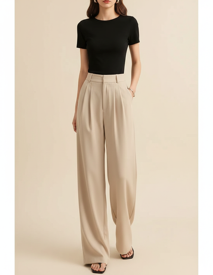 Pantalon Fluide Beige Large Plissé Élégant Droit - Polyester