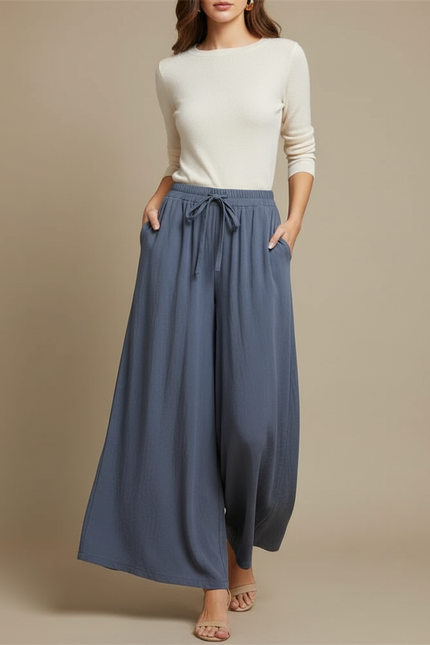 Pantalon Fluide Bleu Gris Ample Coton Confortable - Viscose