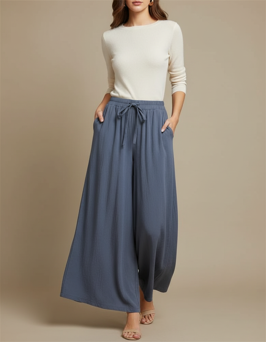Pantalon Fluide Bleu Gris Ample Coton Confortable - Viscose