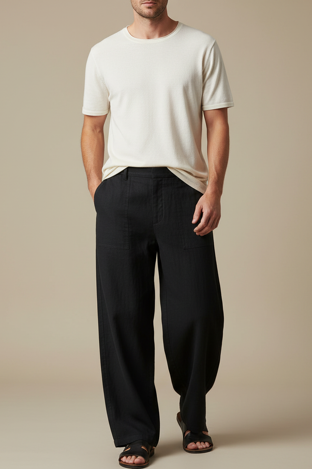 Pantalon Fluide Noir Ample Coton Lin Décontracté Homme