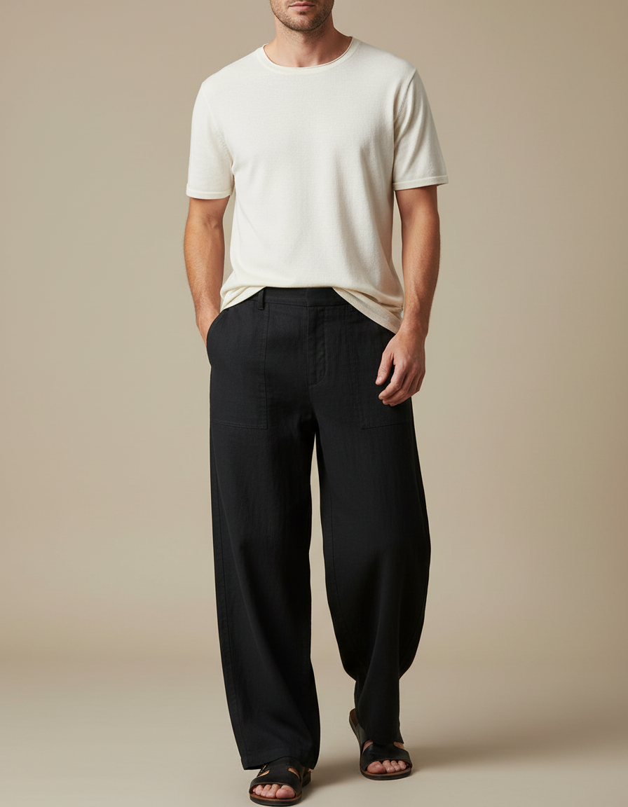 Pantalon Fluide Noir Ample Coton Lin Décontracté Homme