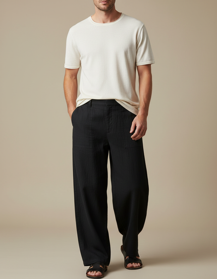 Pantalon Fluide Noir Ample Coton Lin Décontracté Homme