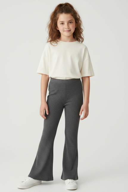Pantalon Fluide Gris Côtelé Évasé Confortable Fille - Maille