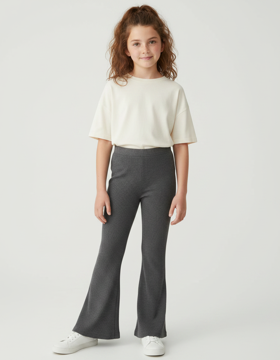 Pantalon Fluide Gris Côtelé Évasé Confortable Fille - Maille