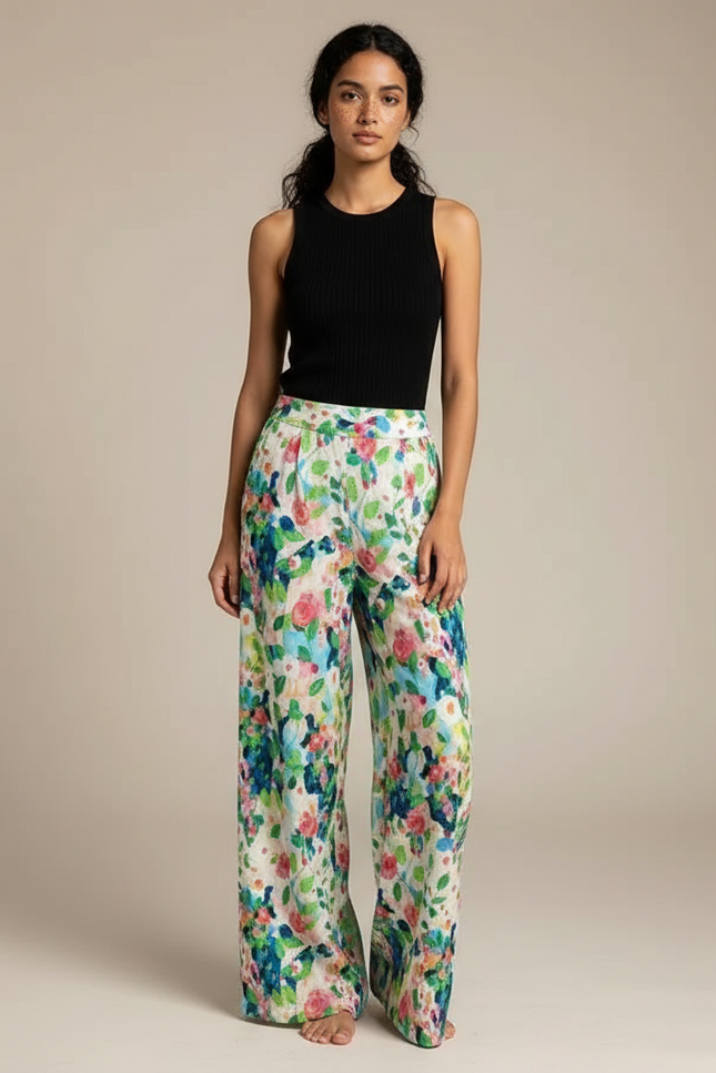 Pantalon Fluide Imprimé Floral Ample Multicolore Estival - Lin
