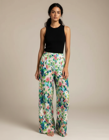 Pantalon Fluide Imprimé Floral Ample Multicolore Estival - Lin