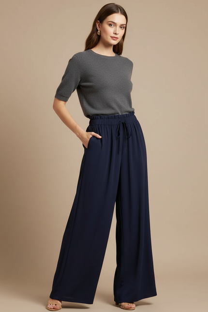 Pantalon Fluide Bleu Marine Ample Taille Haute Élégant - Polyester
