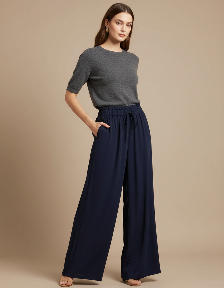 Pantalon Fluide Bleu Marine Ample Taille Haute Élégant - Polyester