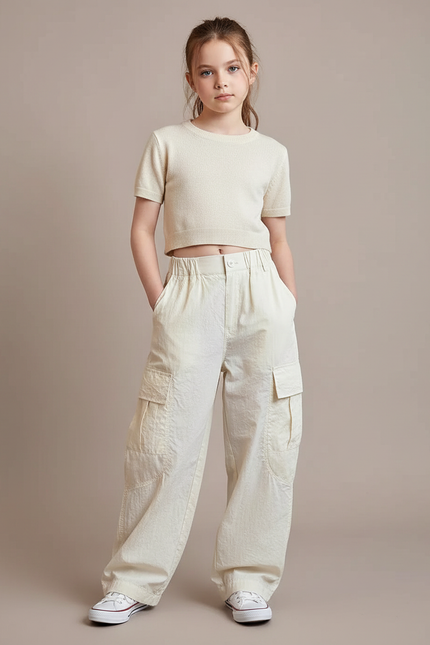 Pantalon Fluide Beige Ample Cargo Multi-Poches Enfant - Lin
