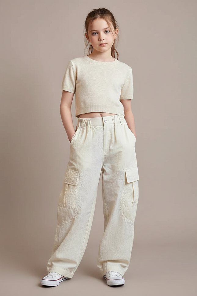 Pantalon Fluide Beige Ample Cargo Multi-Poches Enfant - Lin