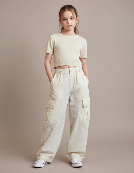 Pantalon Fluide Beige Ample Cargo Multi-Poches Enfant - Lin