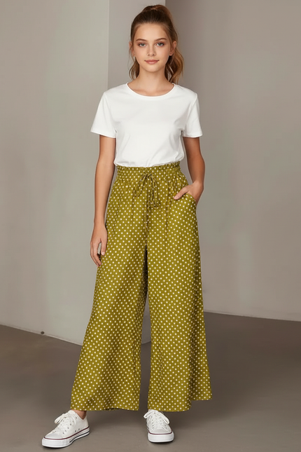 Pantalon Fluide Vert Kaki Ample Pois Blancs - Viscose