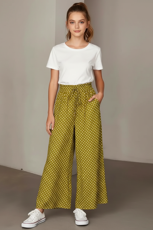 Pantalon Fluide Vert Kaki Ample Pois Blancs - Viscose