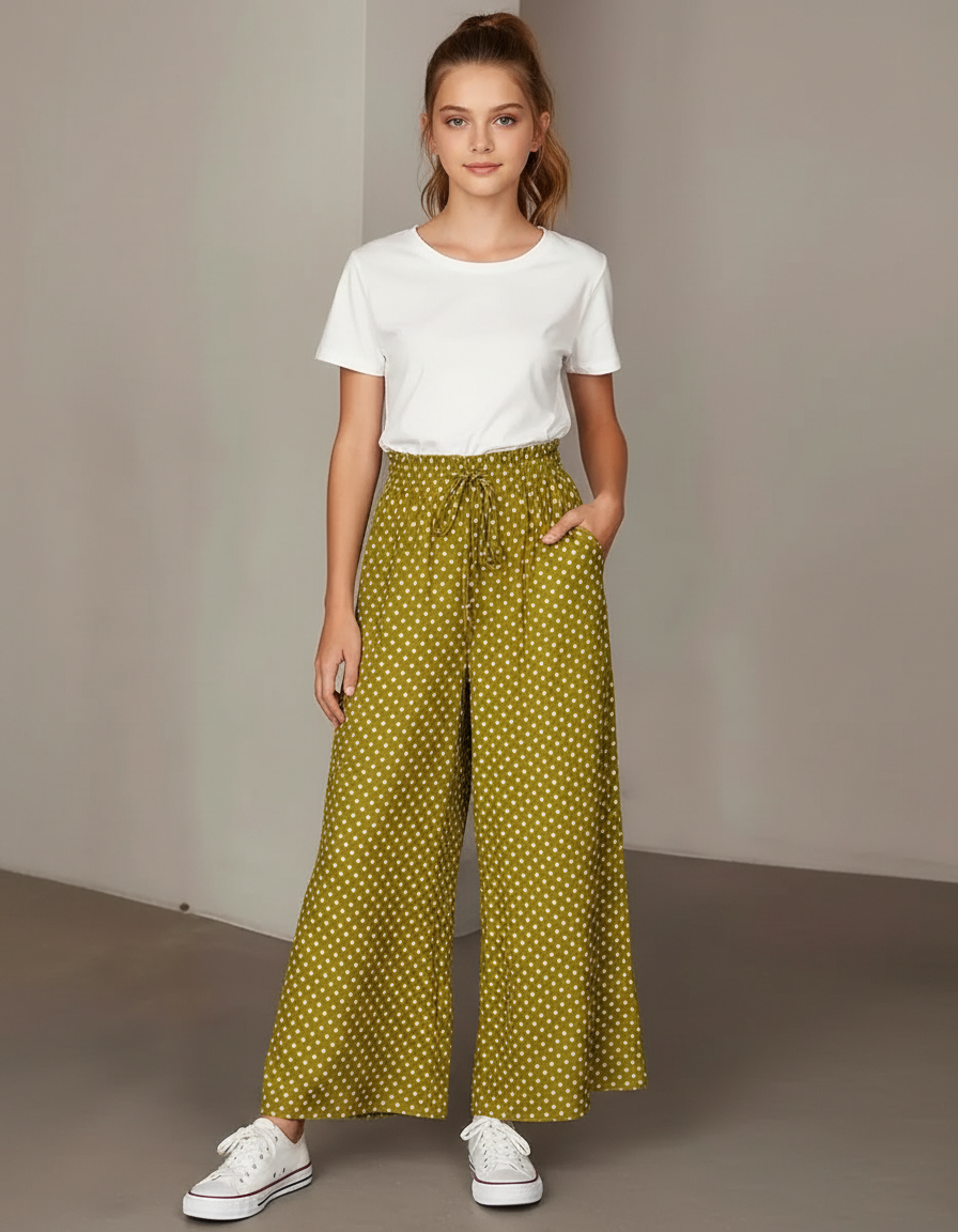 Pantalon Fluide Vert Kaki Ample Pois Blancs - Viscose