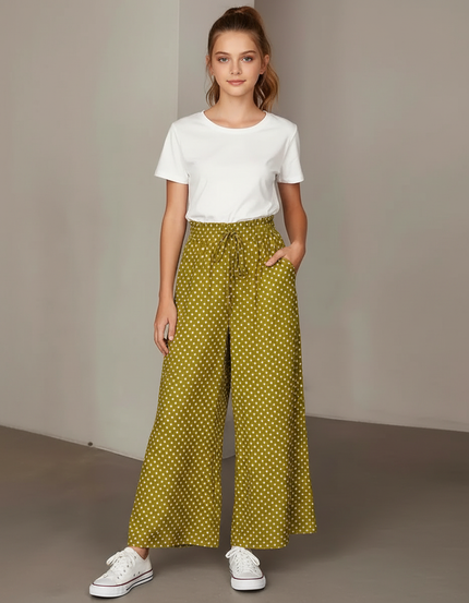 Pantalon Fluide Vert Kaki Ample Pois Blancs - Viscose
