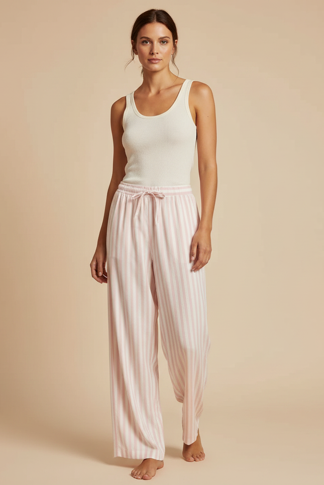 Pantalon Fluide Rayé Rose Blanc Ample Doux Coton - Imprimé Viscose