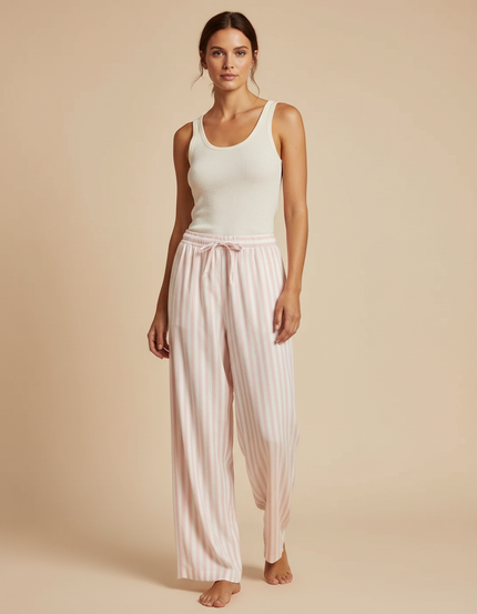 Pantalon Fluide Rayé Rose Blanc Ample Doux Coton - Imprimé Viscose