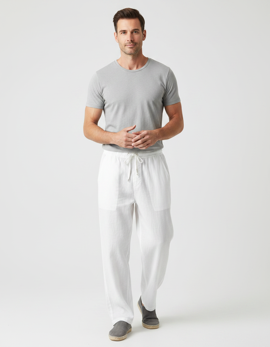 Pantalon Fluide Blanc Lin Ample Cordon Décontracté