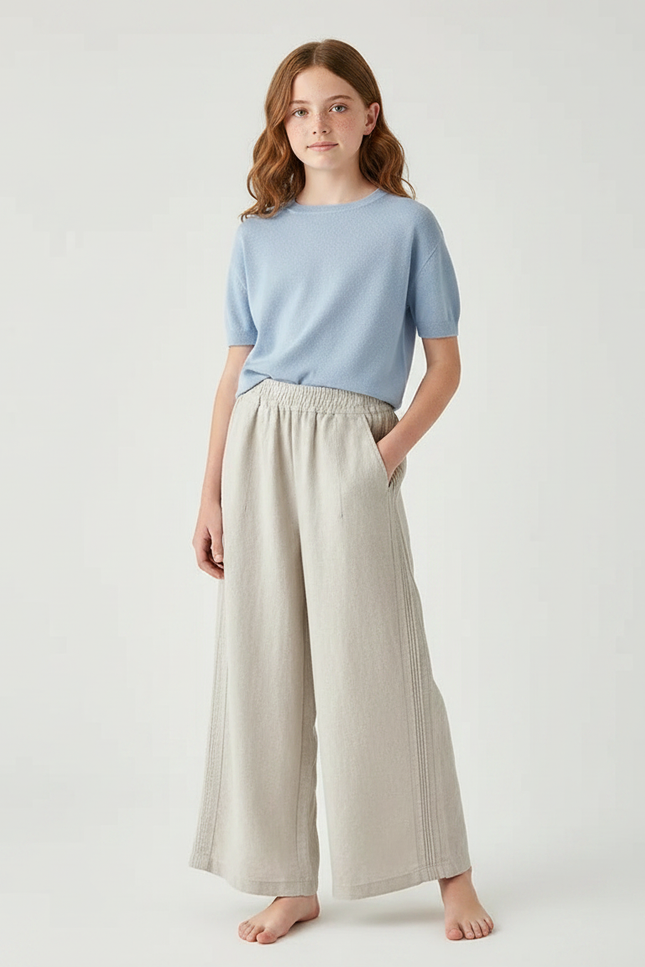 Pantalon Fluide Beige Large Taille Élastique Femme - Lin