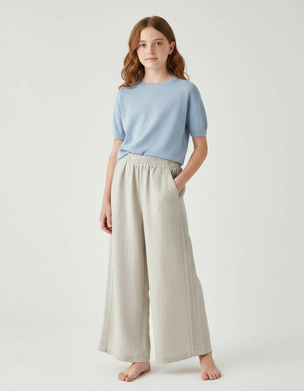 Pantalon Fluide Beige Large Taille Élastique Femme - Lin