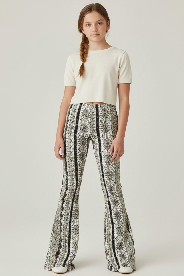Pantalon Fluide Imprimé Évasé Noir Blanc Bohème - Viscose