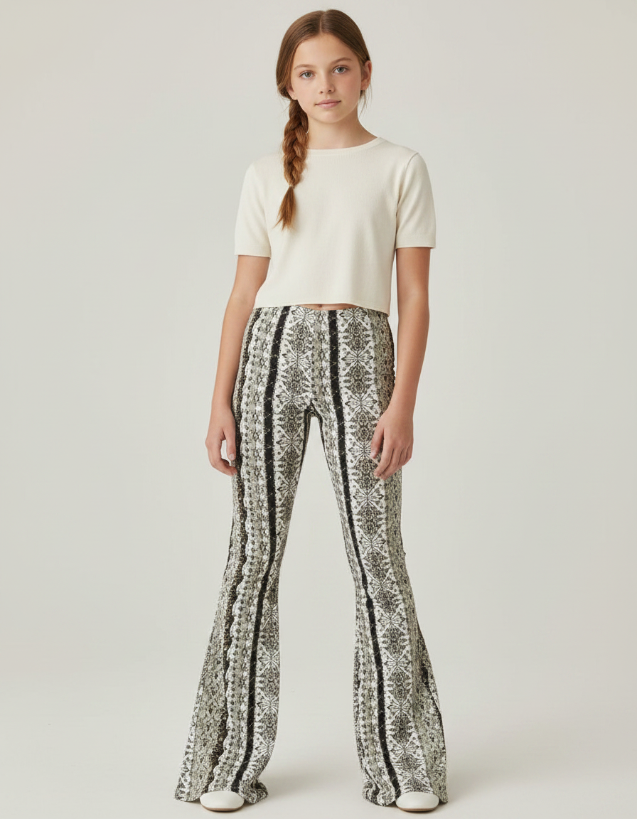 Pantalon Fluide Imprimé Évasé Noir Blanc Bohème - Viscose