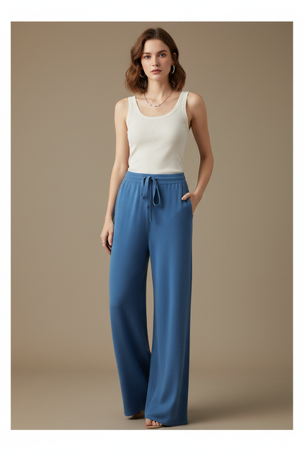 Pantalon Fluide Bleu Maille Ample Cordon Femme