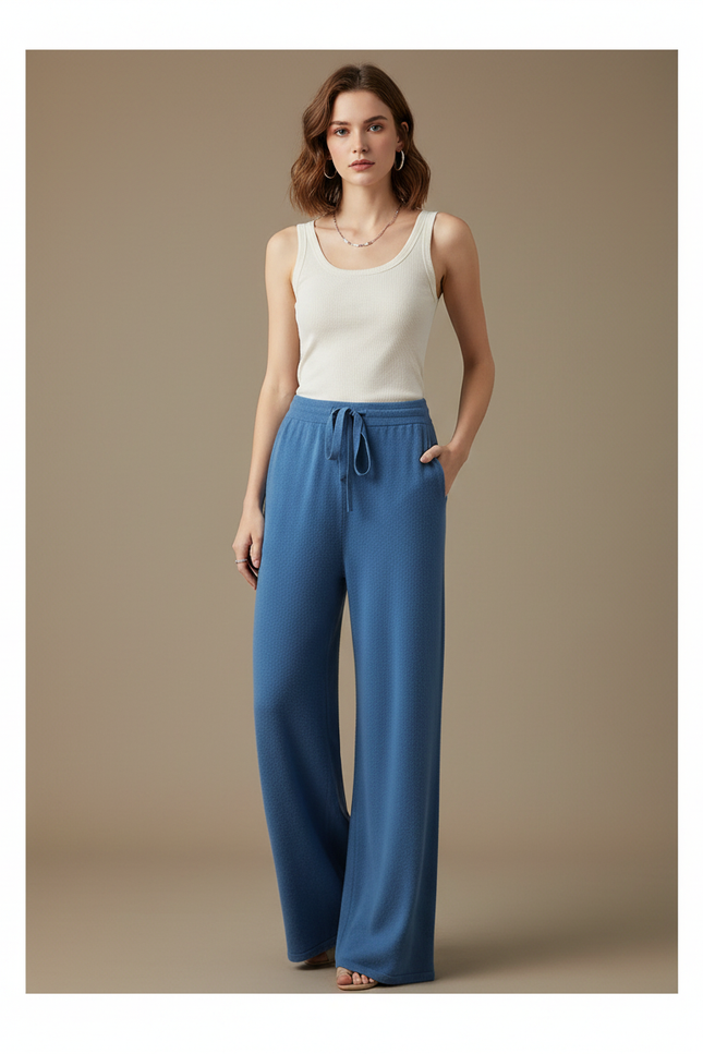Pantalon Fluide Bleu Maille Ample Cordon Femme