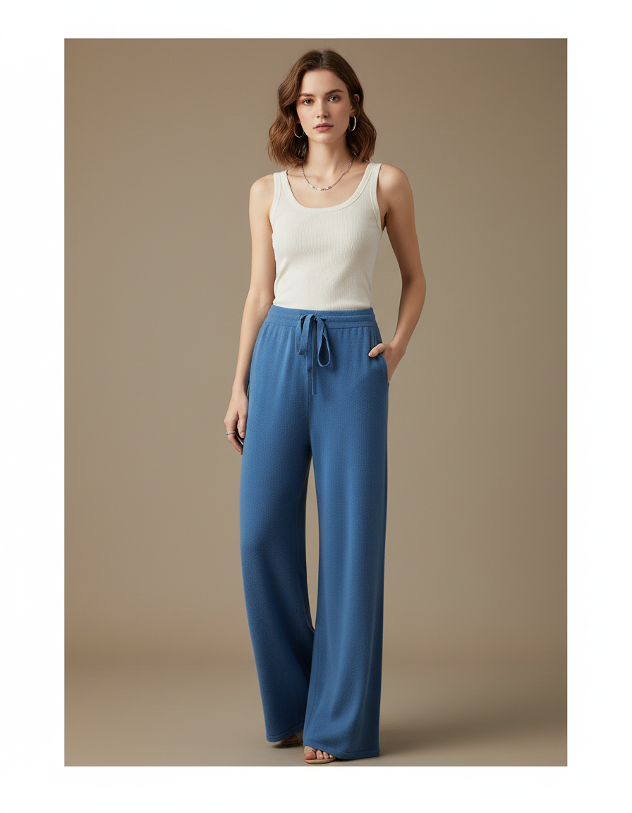 Pantalon Fluide Bleu Maille Ample Cordon Femme